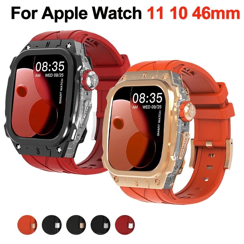 حافظة معدنية فاخرة لساعة أبل 11 10 46 ملم مع غطاء عالي التحمل وحزام من السيليكون للرجال غطاء حماية كامل #1