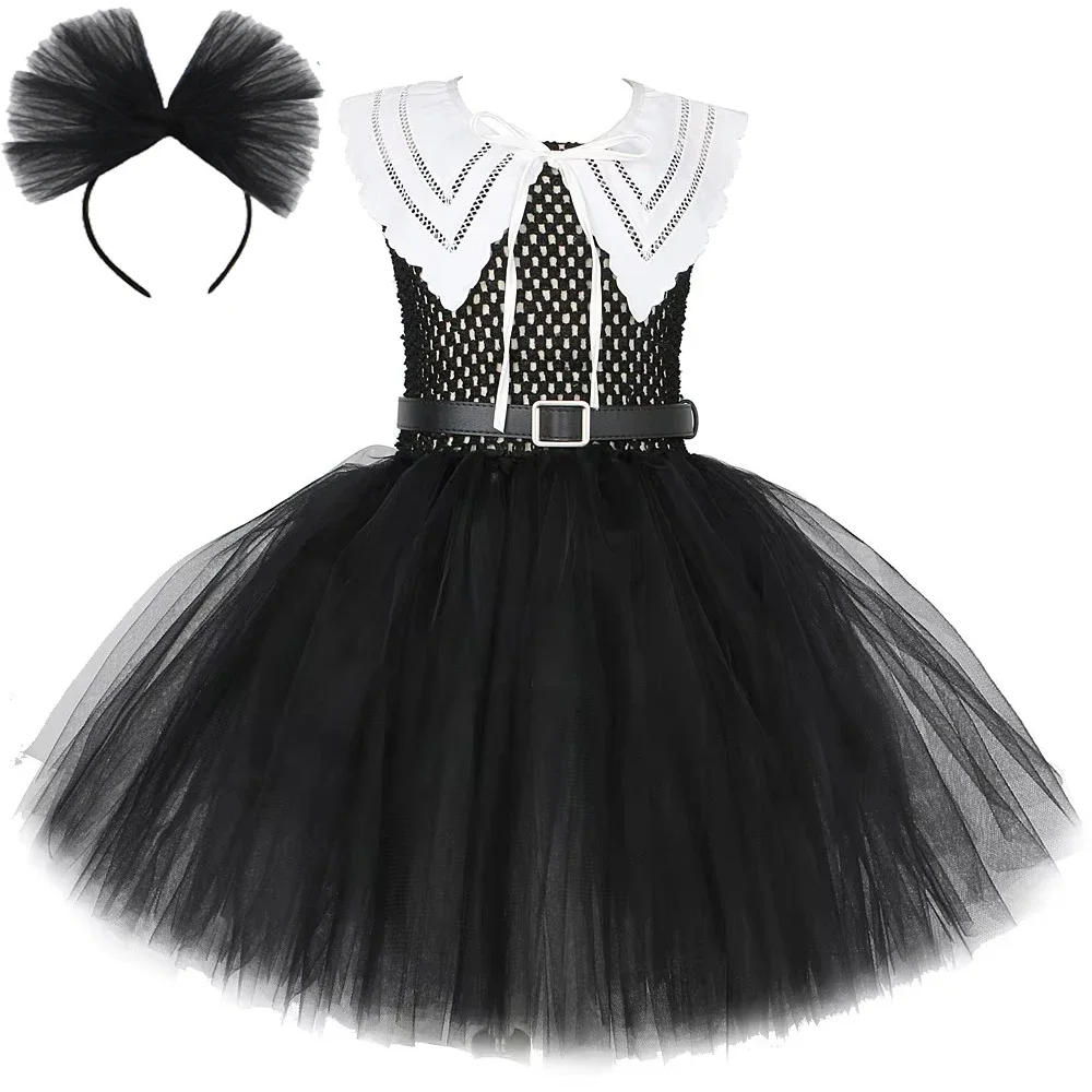 Girls Halloween Black Wednesday Addams Costume Carnival Dresses for Kids School Girl Outfit Preppy Clothes with Lace Collar Belt