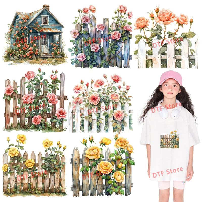 Spring Rose Fence washable Dtf customization Clothing Printing wholesale thermal applications Children's clothing patch