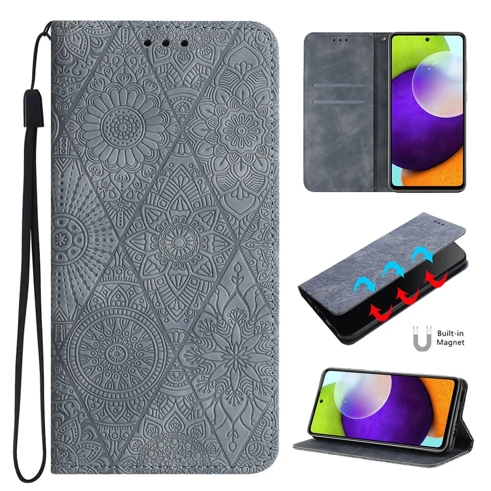 Lanyard Strong Magnetic Flip Cover for Samsung Galaxy A12 A13 A14 A22 A32 A52 A23 A33 A53 A73 A34 A54 Embossed Totem Wallet Case