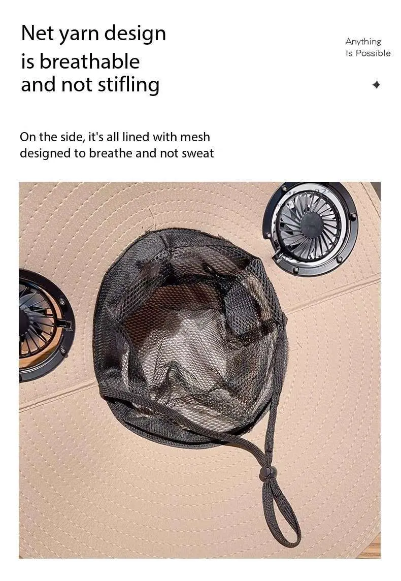 2025 جديد واسعة حافة الشمسية مروحة قبعة في الهواء الطلق قبعة الشمس مع 2 مروحة للطاقة الشمسية قبعة الصيد القابلة للإزالة و USB شحن مروحة دلو قبعة للشاطئ #6