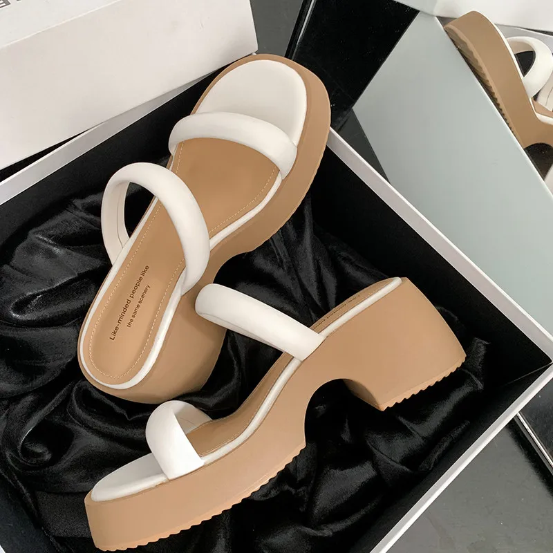 MKKHOU Fashion Sandals Women's New High Quality Genuine Leather Thin Belt Elevated Thick Sole Slippers Summer Beach Shoes