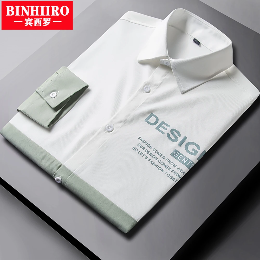 

BINHIIRO Spring Long Sleeve Shirt Business Casual Printing Shirt No-ironing Slim Contrast stitching Brand High Quality Shirt Men