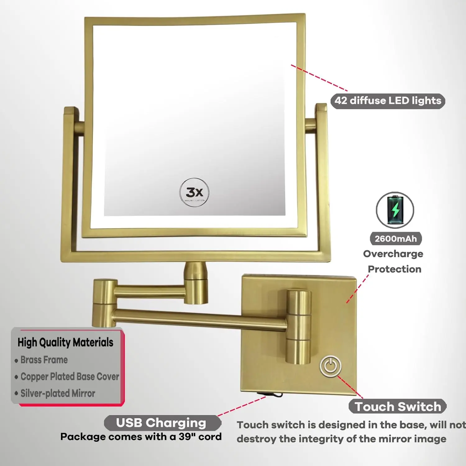 Square Touch Led Folding Bathroom Mirror 3X Magnifying Bathroom Makeup Mirrors Accessories Wall Mounted Touch on Bath Mirrors