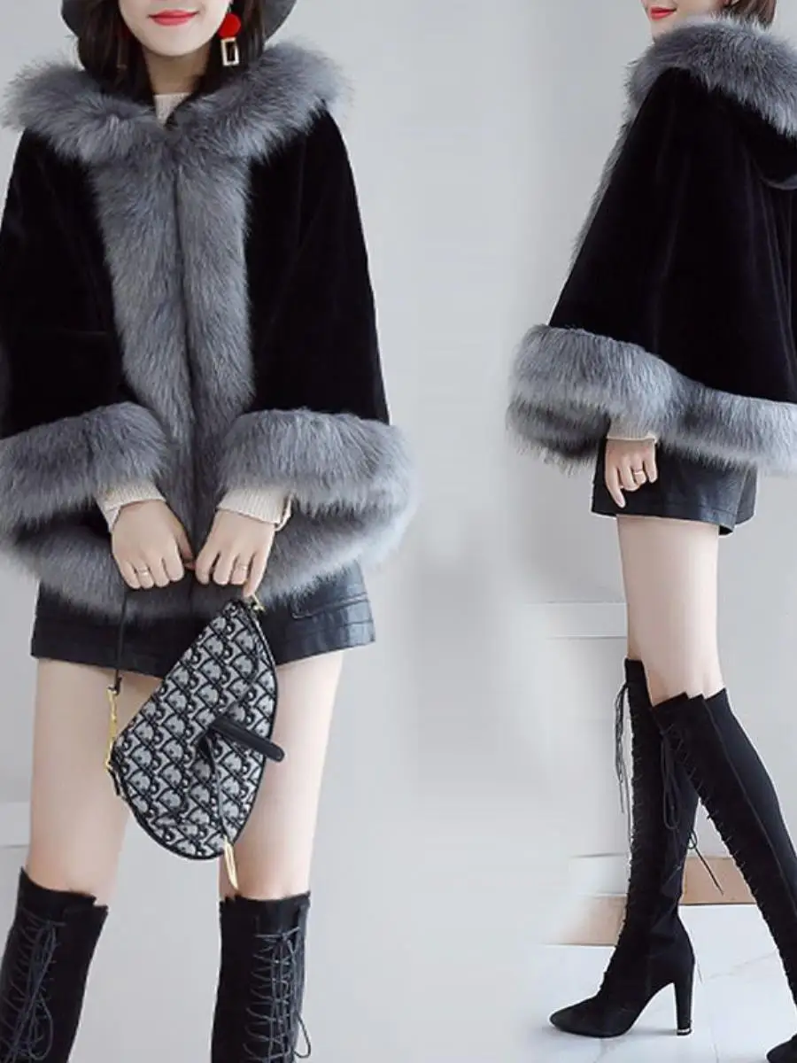 เสื้อคลุมขนเฟอร์เทียมสำหรับผู้หญิง สไตล์อินเทรนด์สำหรับฤดูใบไม้ร่วงและฤดูหนาว ทรงคลุมไหล่ กระชับรูปร่าง ให้ความอบอุ่น แฟชั่นทันสมัย ไซส์ฟรี ทรงไม่สมมาตร