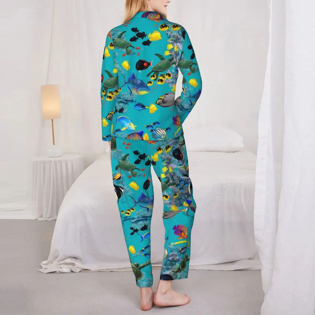 Sea Turtles Pajamas Woman Tropical Fish Kawaii Daily Nightwear Autumn Two Piece Retro Oversized Printed Pajama Set