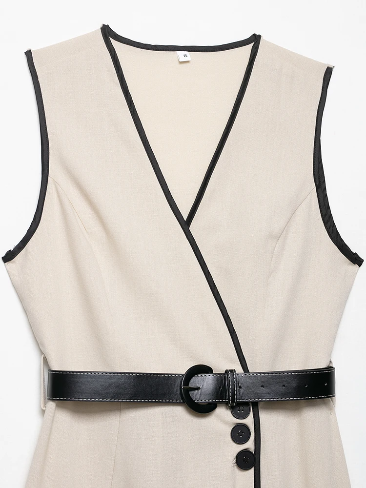 SIYANG Damska Moda z Paskiem Beżowa Sukienka Midi Prosta Jednorzędowa Vintage Dekolt V Bez Rękawów Elegancka Sukienka Damska