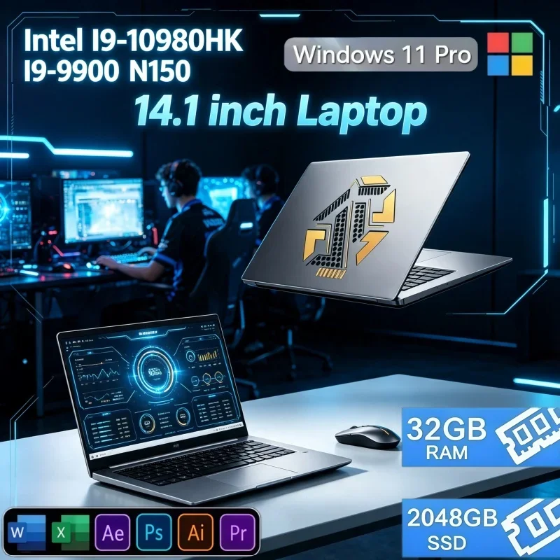 Ultra‑Thin 14.1'' Notebook Intel I9‑10980HK /I9‑9900/N150 Win11 32GB DDR4 2TB SSD High‑Performance PC For Content Creation Daily