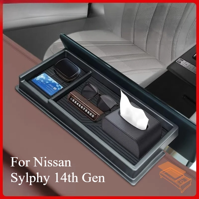 

Для Nissan Sylphy 14-го поколения: органайзер для центральной консоли с экраном, задний отсек для хранения, автомобильные принадлежности, коробка для салфеток, аксессуары для интерьера автомобиля