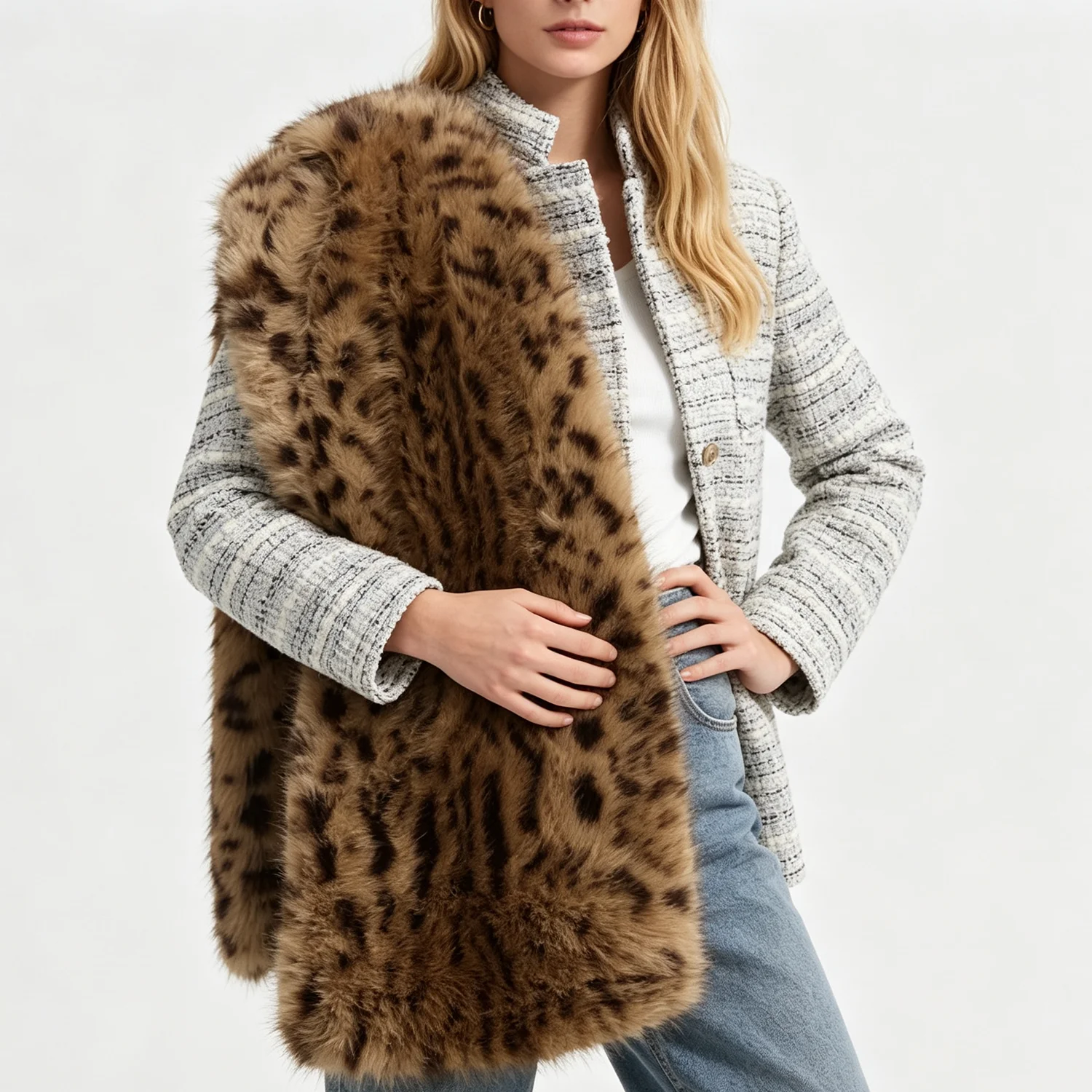 PUAL   Women Leopard Print Furry Scarf Large Warm Fluffy Faux Fur Shawl Wrap Winter Fashion Thick Neck Scarves for Ladies