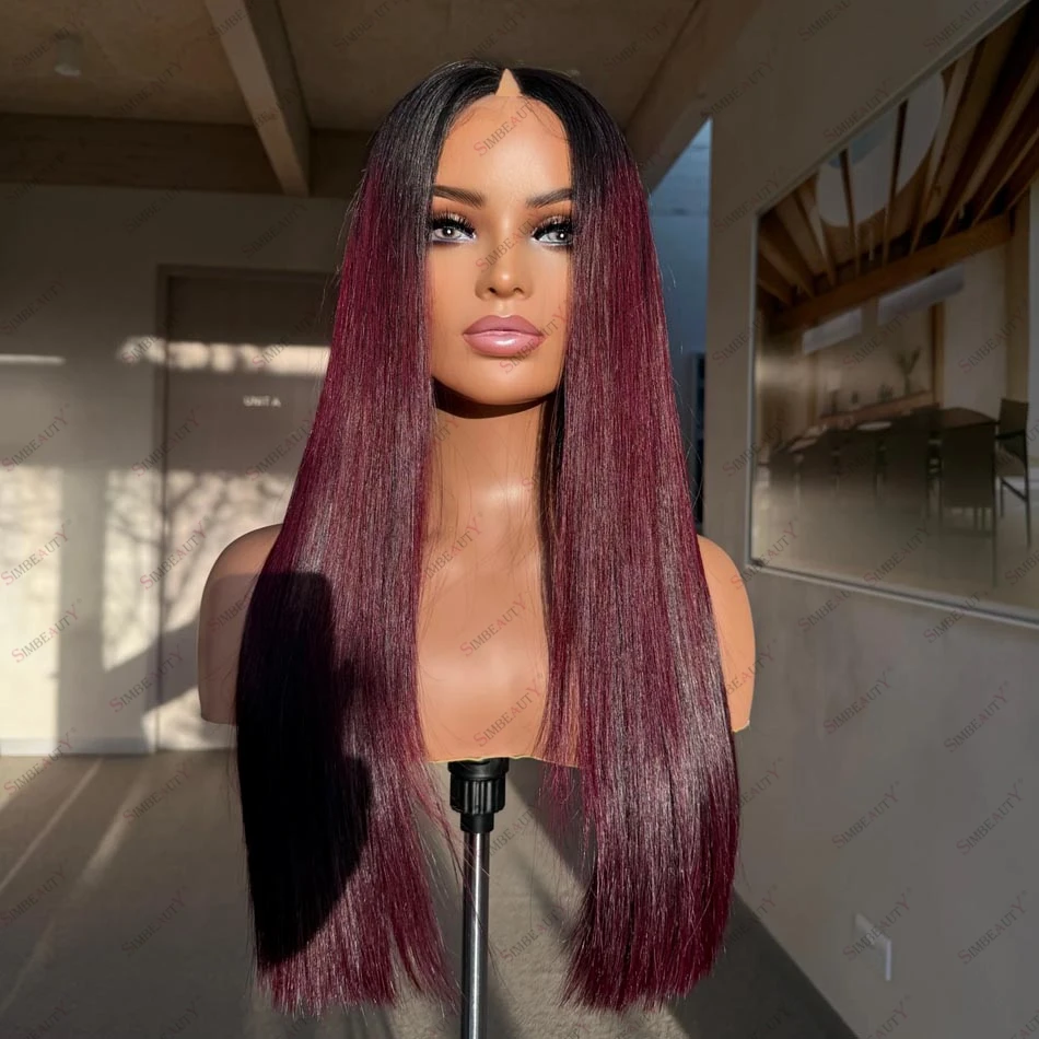 

Black Burgundy Ombre Human Hair Indian Remy U Part Wigs 99J Silky Straight 200Density V Part Wig for Black Women 1x4 V Shape Wig