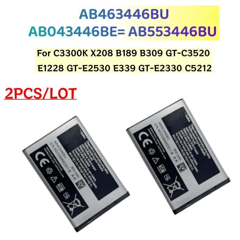 2pcs/lot New AB463446BU AB043446BE AB553446BU Battery For C3300K X208 B189 B309 GT-C3520 E1228 GT-E2530 E339 GT-E2330 C5212