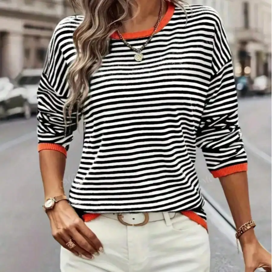 Oversized Contrast Trim Crew Neck Horizontal Striped Knit Top Drop Shoulder Long Sleeve Loose Casual Pullover Sweater