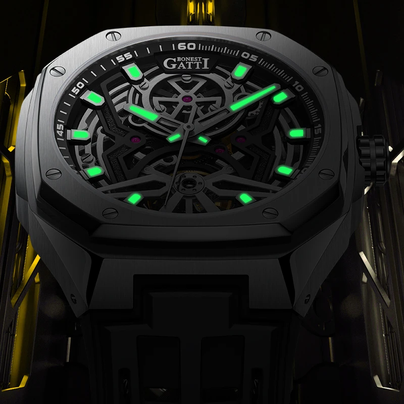 

Мужские автоматические часы BONEST GATTI, модные спортивные наручные часы в корпусе из нержавеющей стали, роскошные часы с механизмом и коробкой для часов