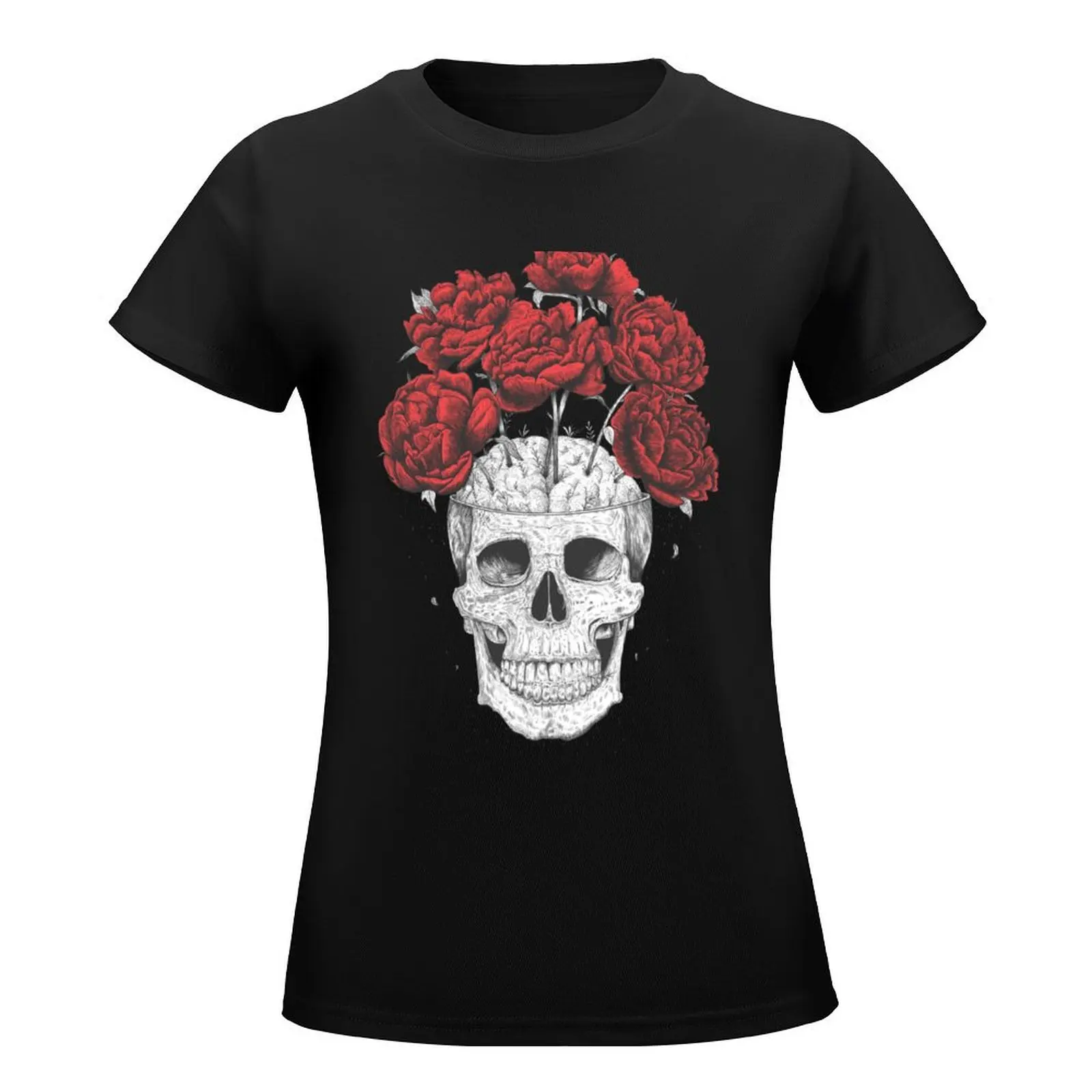 Skull with peonies on black T-Shirt Short sleeve tee animal print shirt for girls lady clothes Women's summer blouses 2024