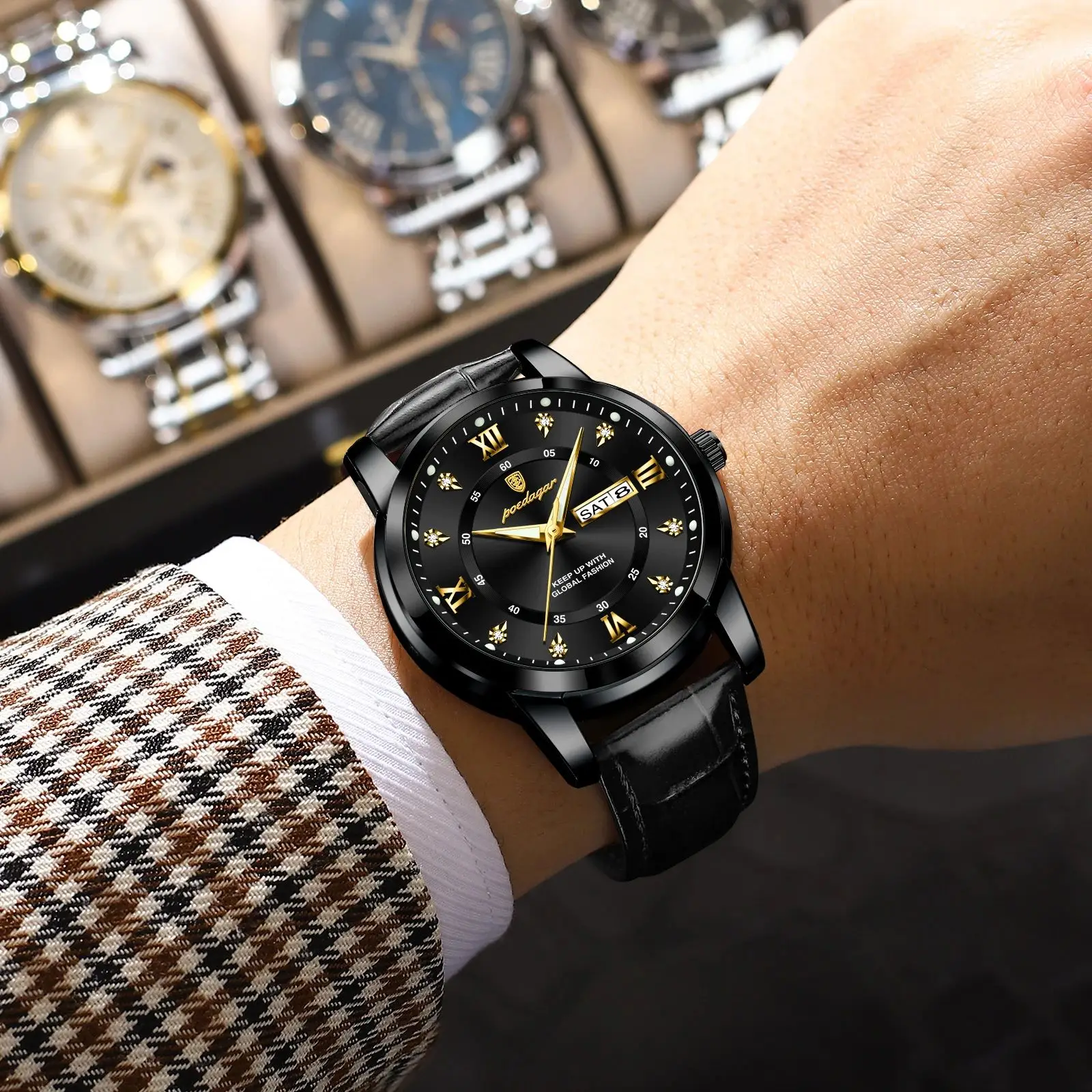 POEDAGAR أفضل ساعة رجالية فاخرة تاريخ الأسبوع مقاوم للماء مضيئة جلدية الرجال ساعة اليد عادية الذكور ساعة رياضية ساعات كوارتز رجالية