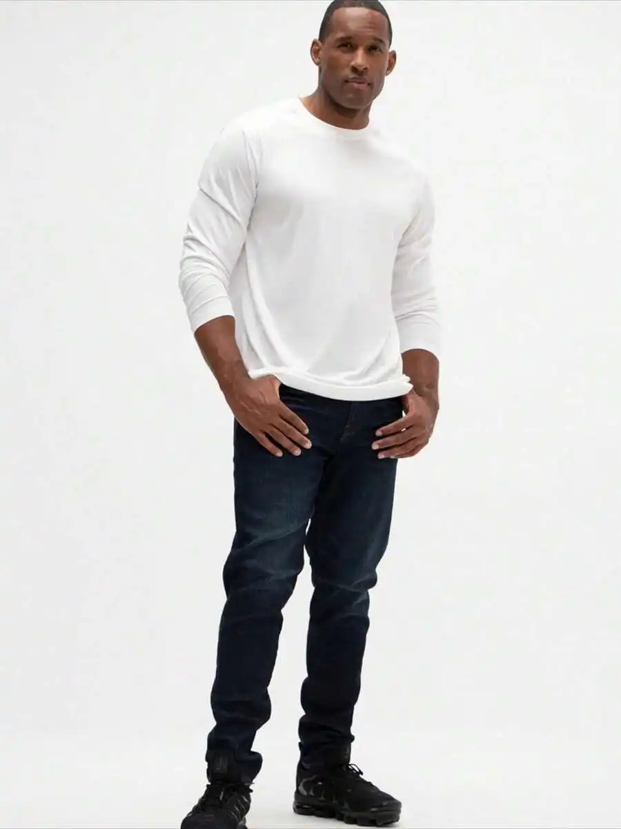

Mens Heavyweight Cotton Long Sleeve Crew Neck Tee Shirt Solid White Casual Top