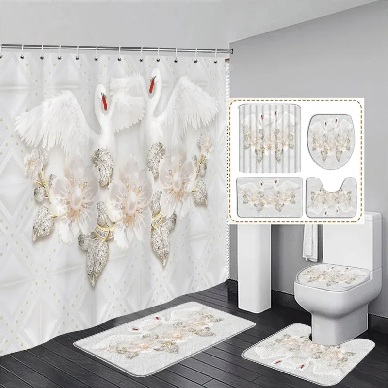 Fashion Pearl floral shower curtain set diamond Swan White stripe geometric woman home bathroom decor bath mats toilet lid cover