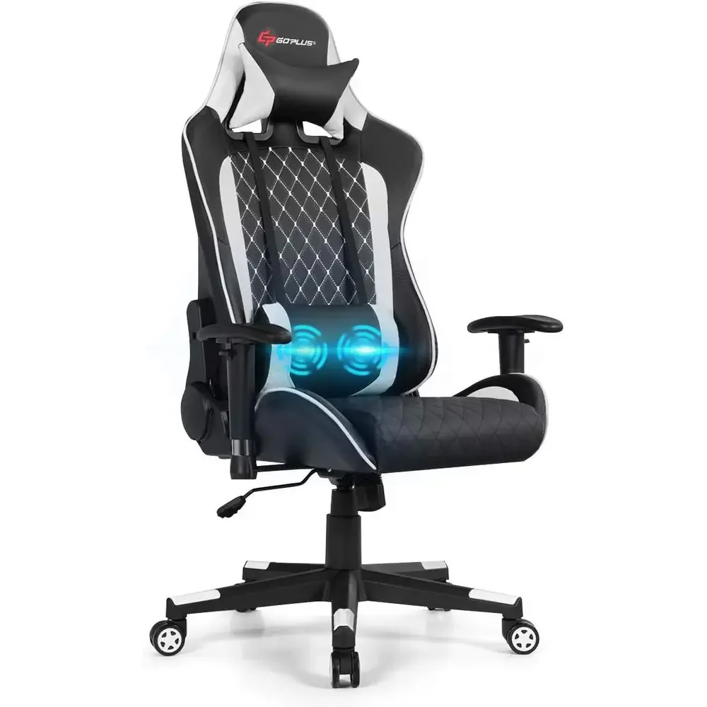 Ergonomic Adjustable Gaming Recliner with Massage, Lumbar Support, Wide Cushion for Adults - White