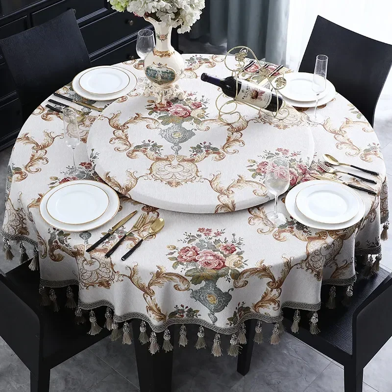 EIFLOY-Retro Tassel Round Tablecloth for Party, Events, Jacquard 3D Floral Table Covers, European Fabric Turntable Decoration