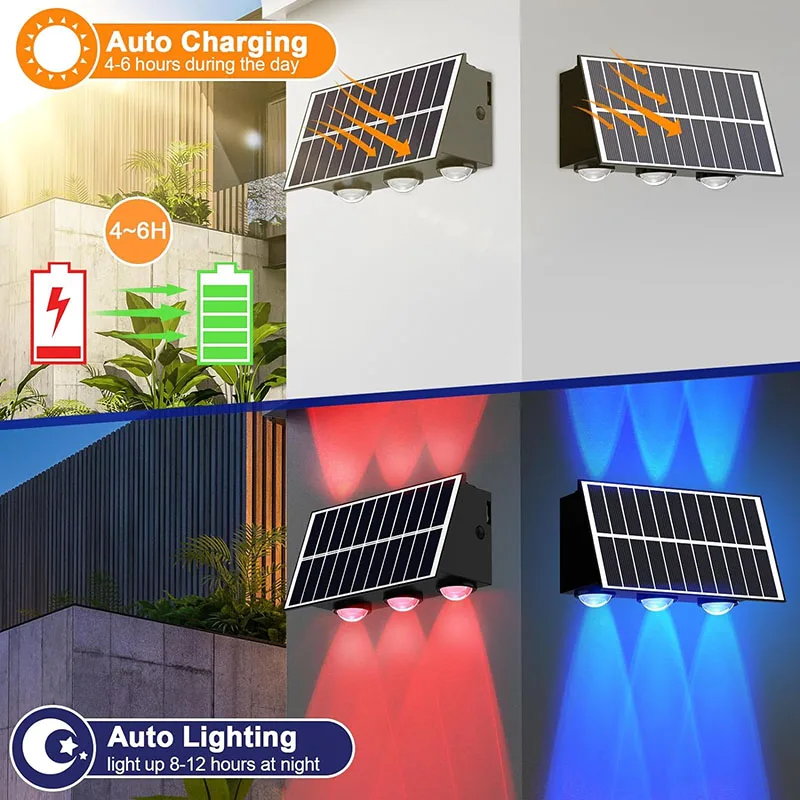 Outdoor Solar Fence Lights Solar Wall Washer Light Up and Down Lighting Waterproof Wall Lamp for Yard Garage Walkway Porch Decor