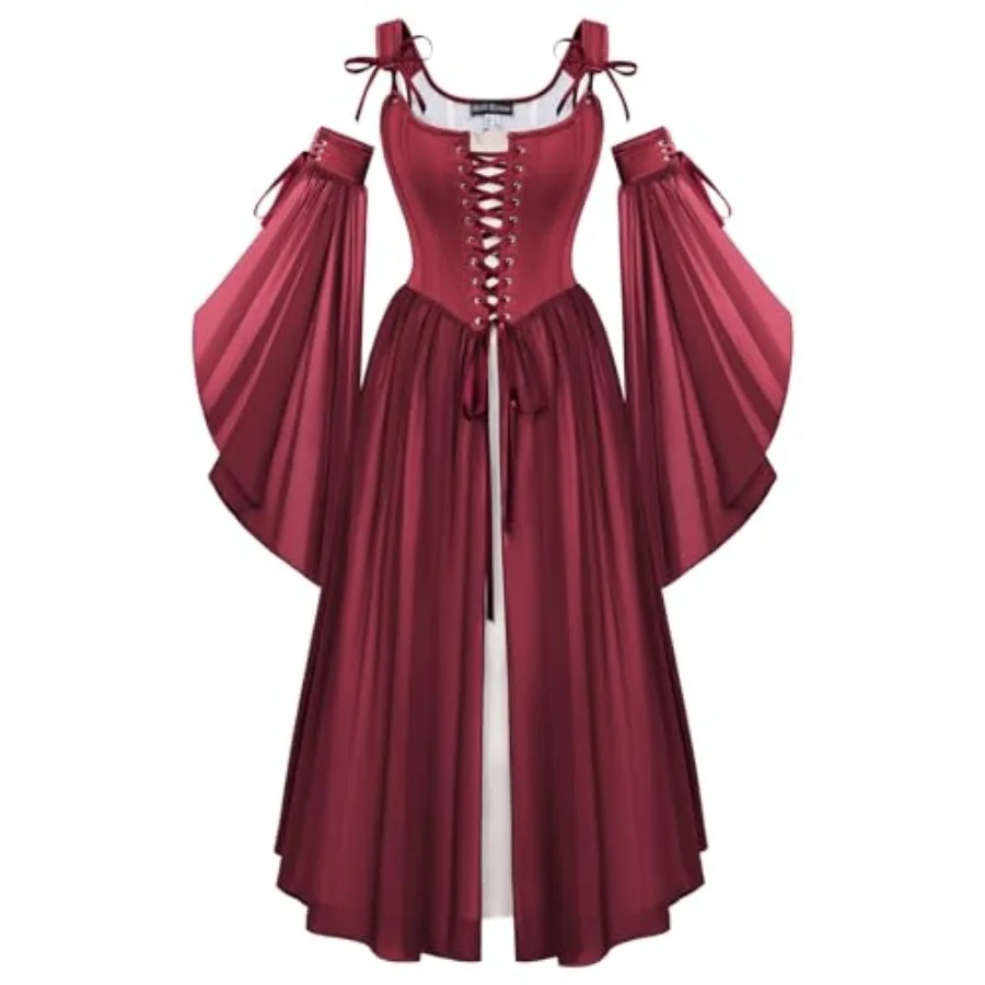 

Scarlet Darkness Renaissance Costume Women Fairy Corset Dress Medieval 2 Pcs Set Bell Sleeve Cosplay Overdress