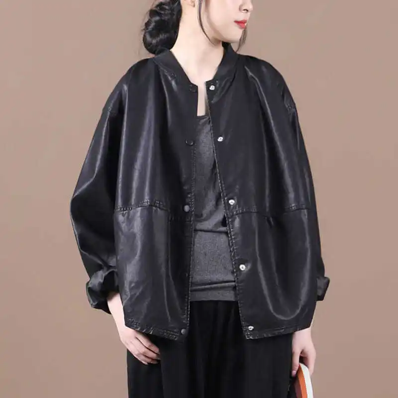 เสื้อโค้ทหนังทรงหลวมสำหรับผู้หญิง รุ่นใหม่ประจำฤดูใบไม้ร่วง สไตล์เกาหลี ไซส์ใหญ่ แต่งกระดุม เหมาะสำหรับใส่ไปทำงาน แขนยาว