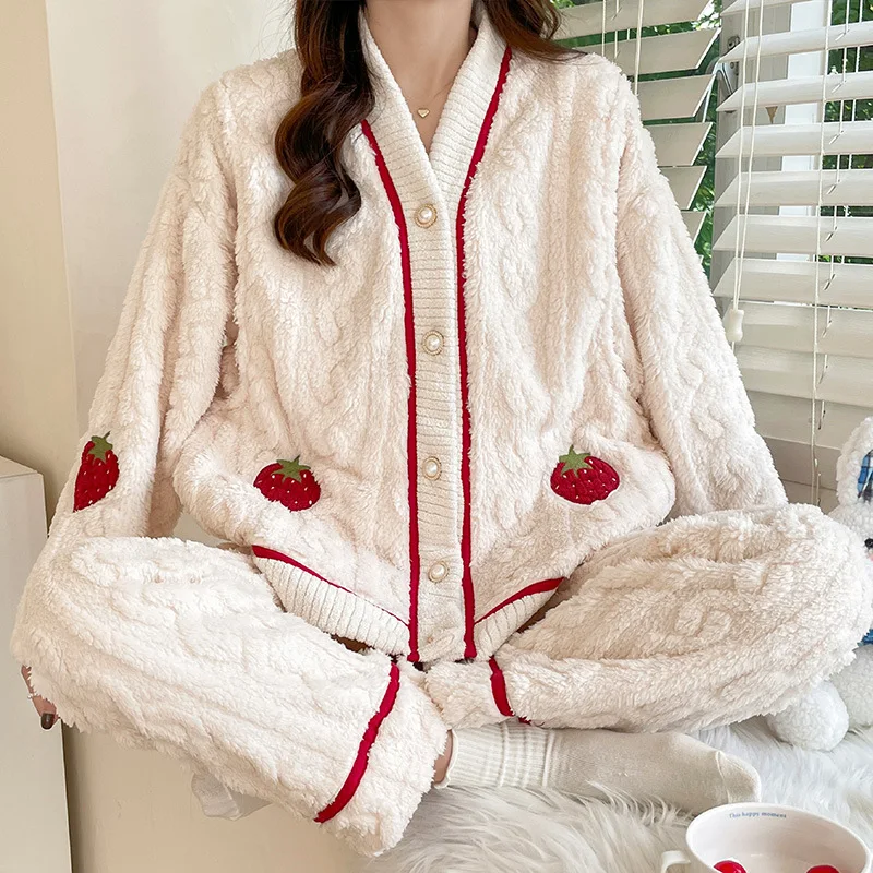 

coral fleece Women's pajamas girl's autumn winter thicken keep warm Sleepwear half-pile cute homewear two-piece set cartoon