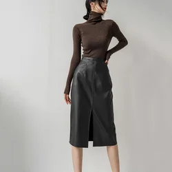 PU Leather Skirts for Women High Waist Fall Straight Elegant Split Midi Skirts Korean Style Oversized Coffee Streetwear Clothes