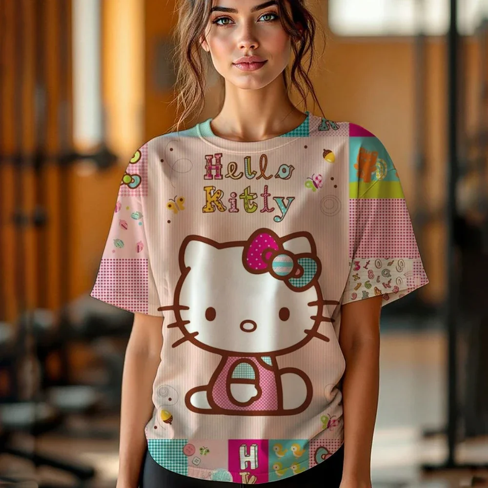 

Женская футболка для девочек, повседневная футболка с модным рисунком «Hello Kitty», удобная повседневная женская одежда в стиле каваи, топ
