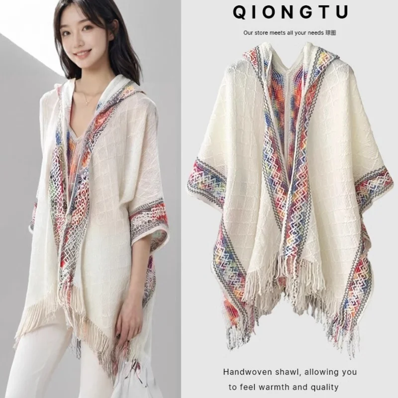 Women's Ethnic Style Warm Shawl Yunnan Tourism Attire Air Conditioned Room Draped over Scarf Cozy Cloak for Casual Wear