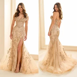 Glamorous Mermaid Evening Dresses Luxury Lace Appliques Women Prom Gowns Sweep Train Customized Formal Wedding Guest Gowns