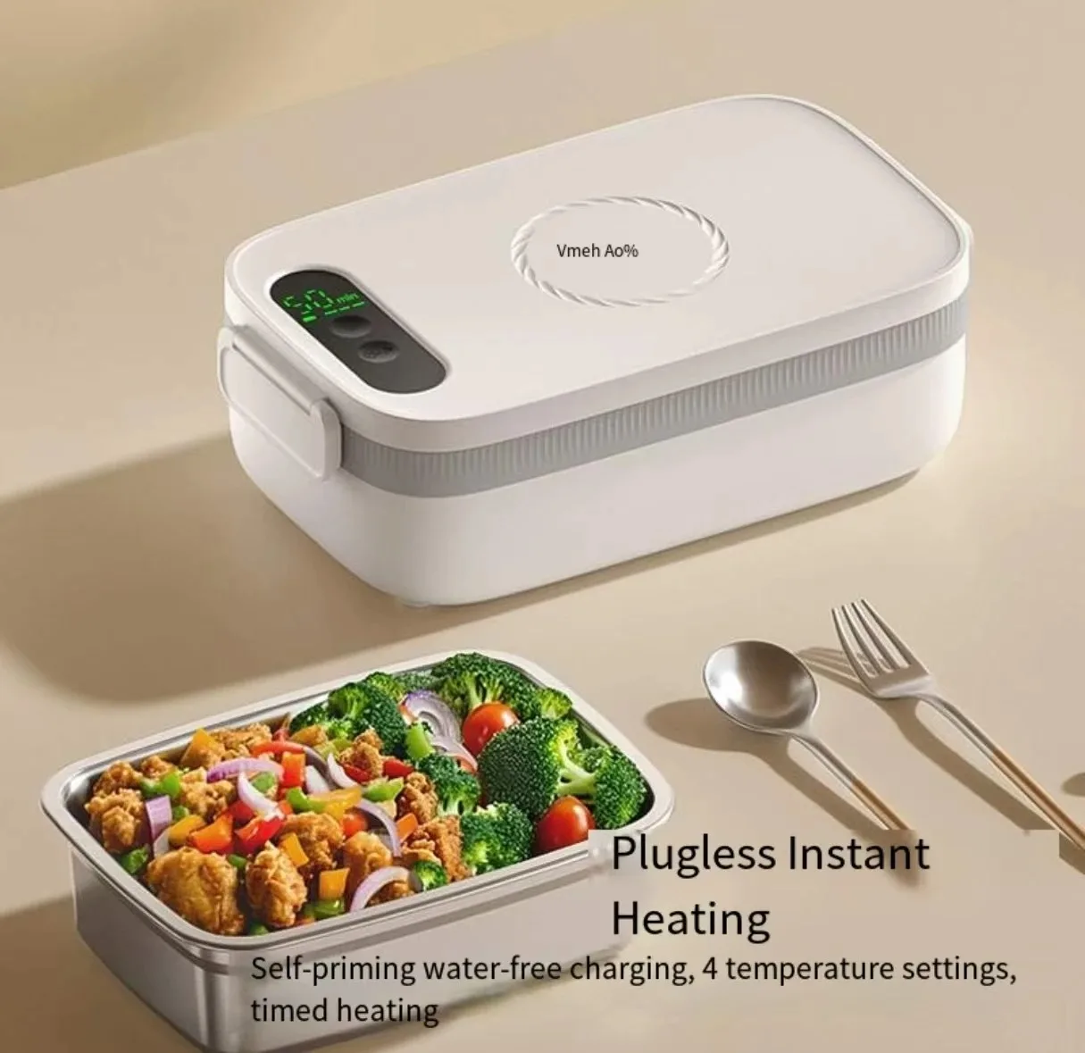 Wireless Rechargeable Electric Heating Lunch Box No Water Filling, Portable LCD Display, Intelligent Temperature Control