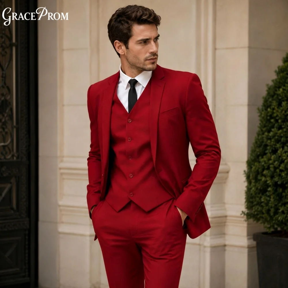 Stylish Red Men Suit Set 3PCS 2027 For Wedding Formal Business Groom And Best Man Outfit Elegant Office Customized Men's Suit