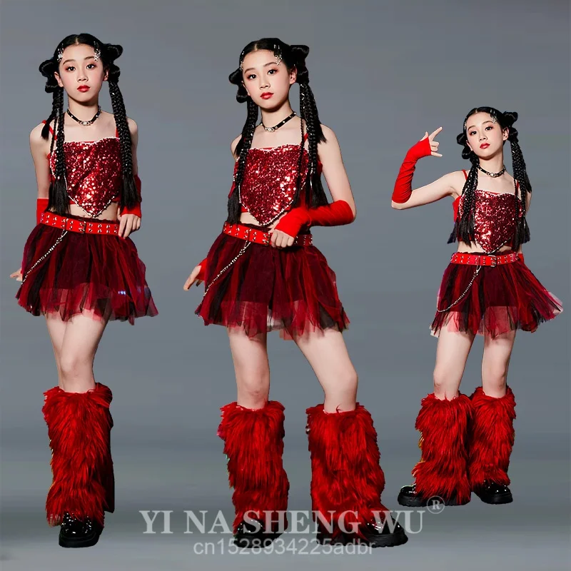 Jazz dance costume for girls red sequined girlgroupcatwalk show trendy clotheschildren's model performance costume set for girls