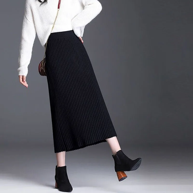 Female Temperament Slim High Waist Knitted Skirt Women's Clothing Autumn Winter Comfortable Simplicity Solid Color Elastic Skirt