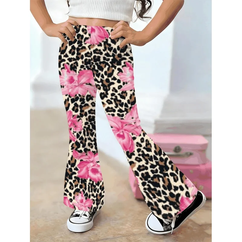Girls All Over Print Flare Pants Stretchy Bell Bottom Leggings Elastic Waist Pants for Tween Teens Back to School Outfit