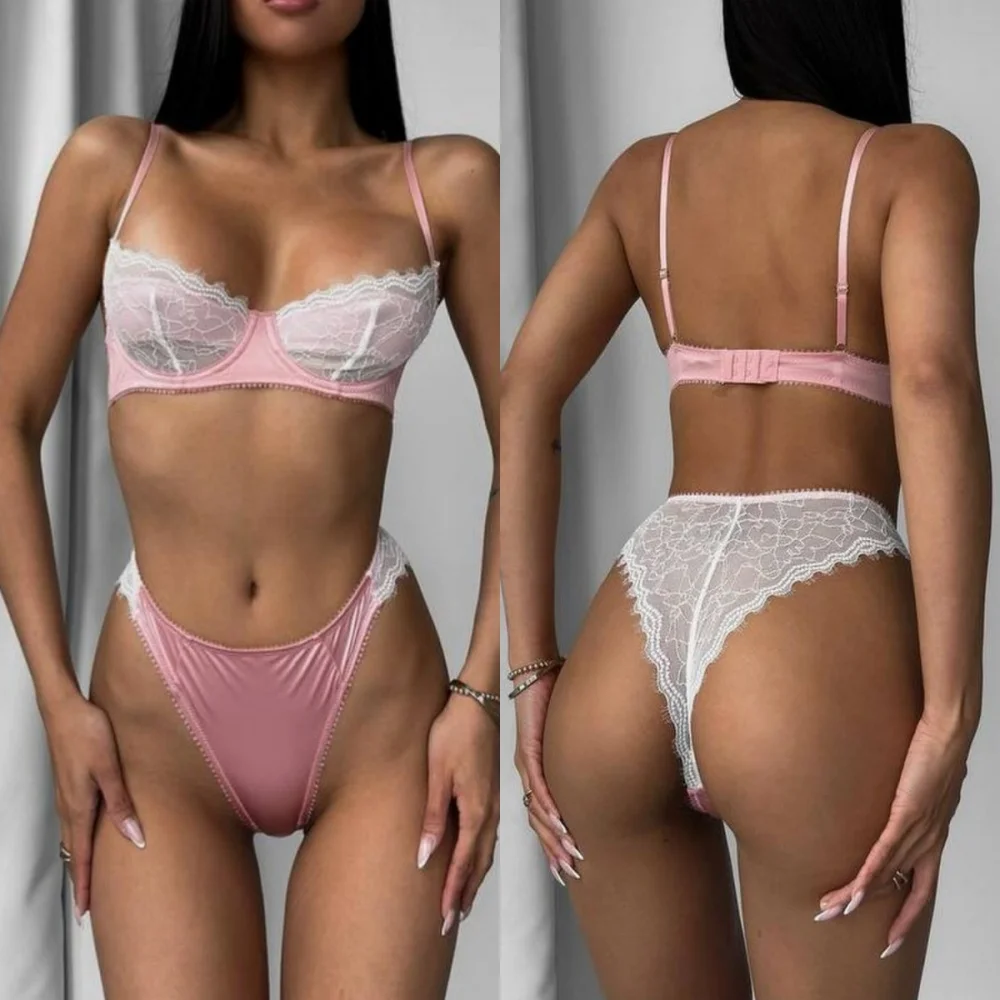 

Sexy Outfit Lingerie Lace Patchwork Two Piece Sets Women Push Up Ultra-Thin Bra Panties Romatic Delicate Fairy Set Erotica Suits