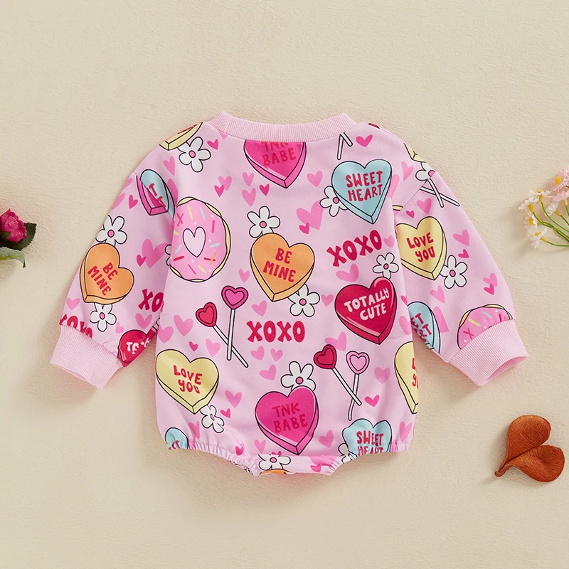 Baby Girl Spring Romper Long Sleeve Round Neck Heart Lollipop Print Bodysuit Newborn Outfit