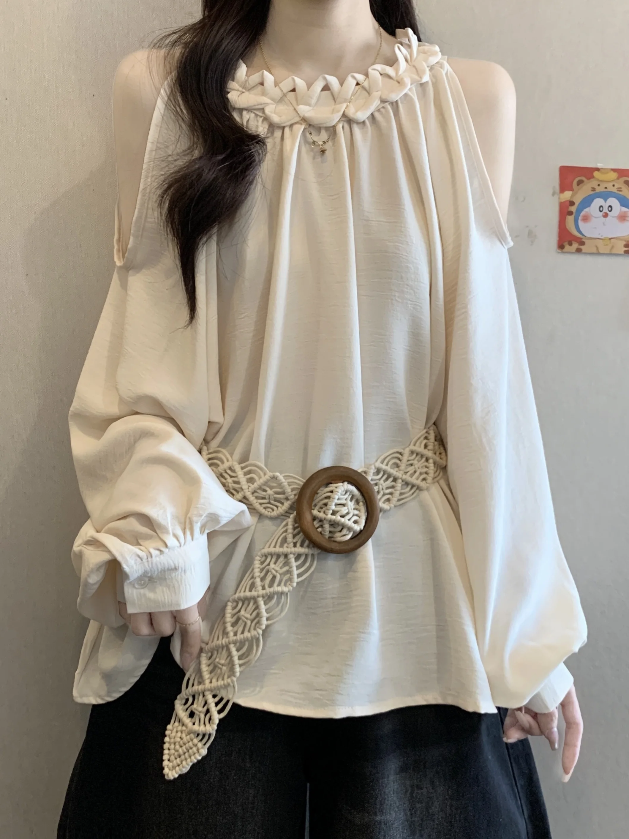 

plus Size Summer Korean Style Pure Desire Shoulder Bared Shirt Long Sleeve Versatile Top Women's Fashion Breathable Skin-Frie...