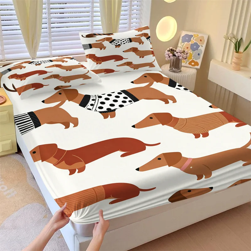 Cute Dachshund Dog Print Fitted Sheet Set 1 Fitted Sheet 2 Pillowcases Soft Microfiber Bedding Set for Bedroom Guest Room