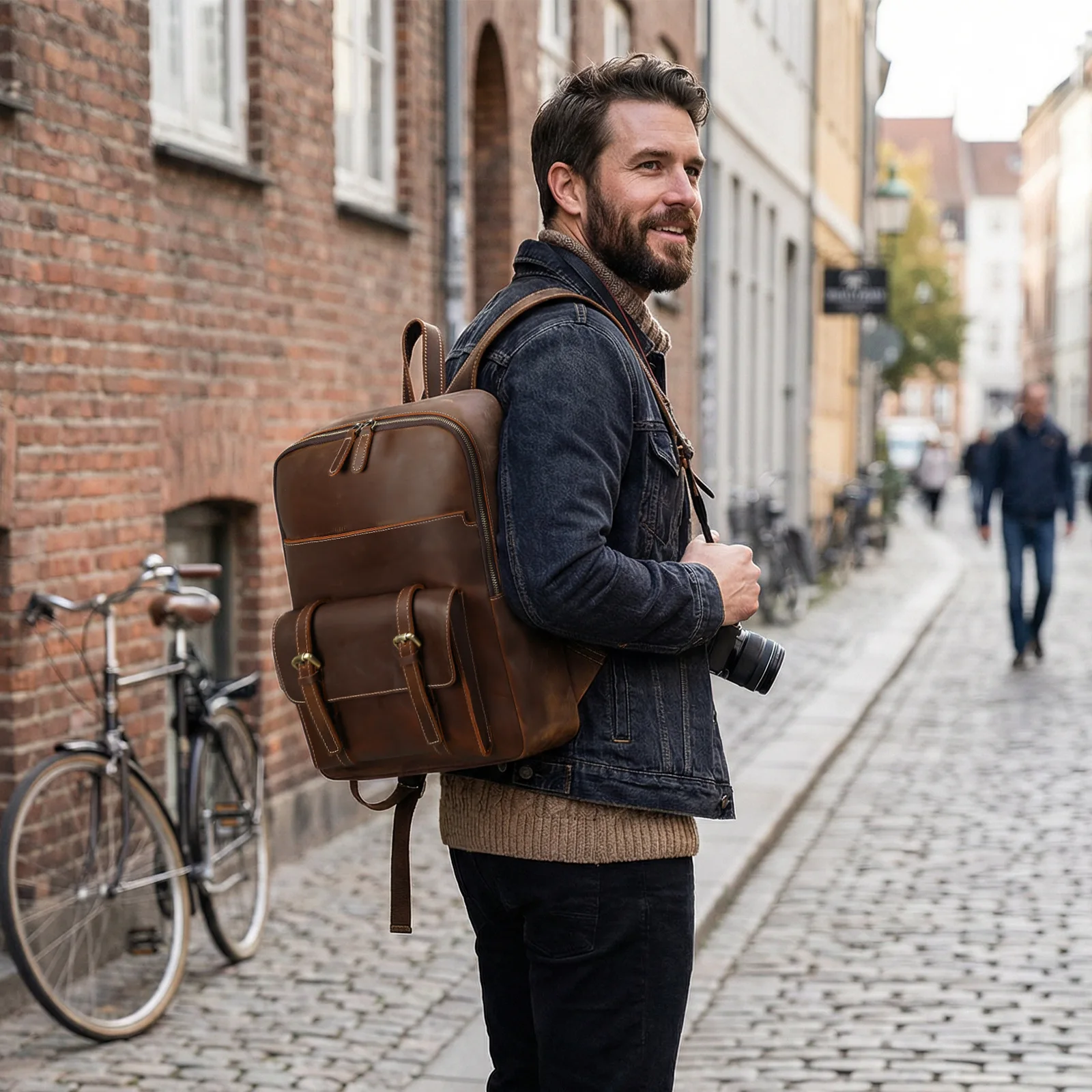 Retro Crazy Horse Leather Backpack for Men Large Capacity Business Travel Rucksack Fits 15 Inch Laptop Bookbag