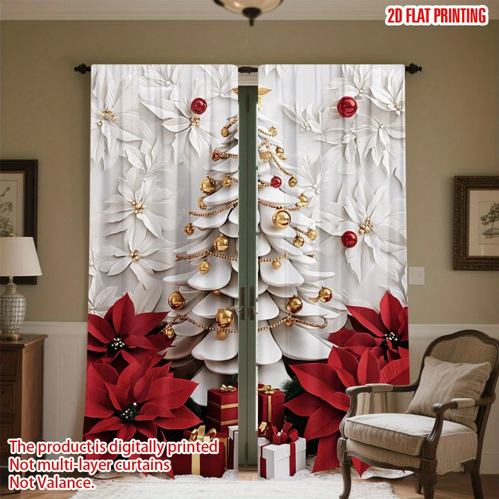 2pcs Christmas Poinsettia Holly Curtains, Red Gold Holiday Design Pole Pocket Style for Multi-Room Decor