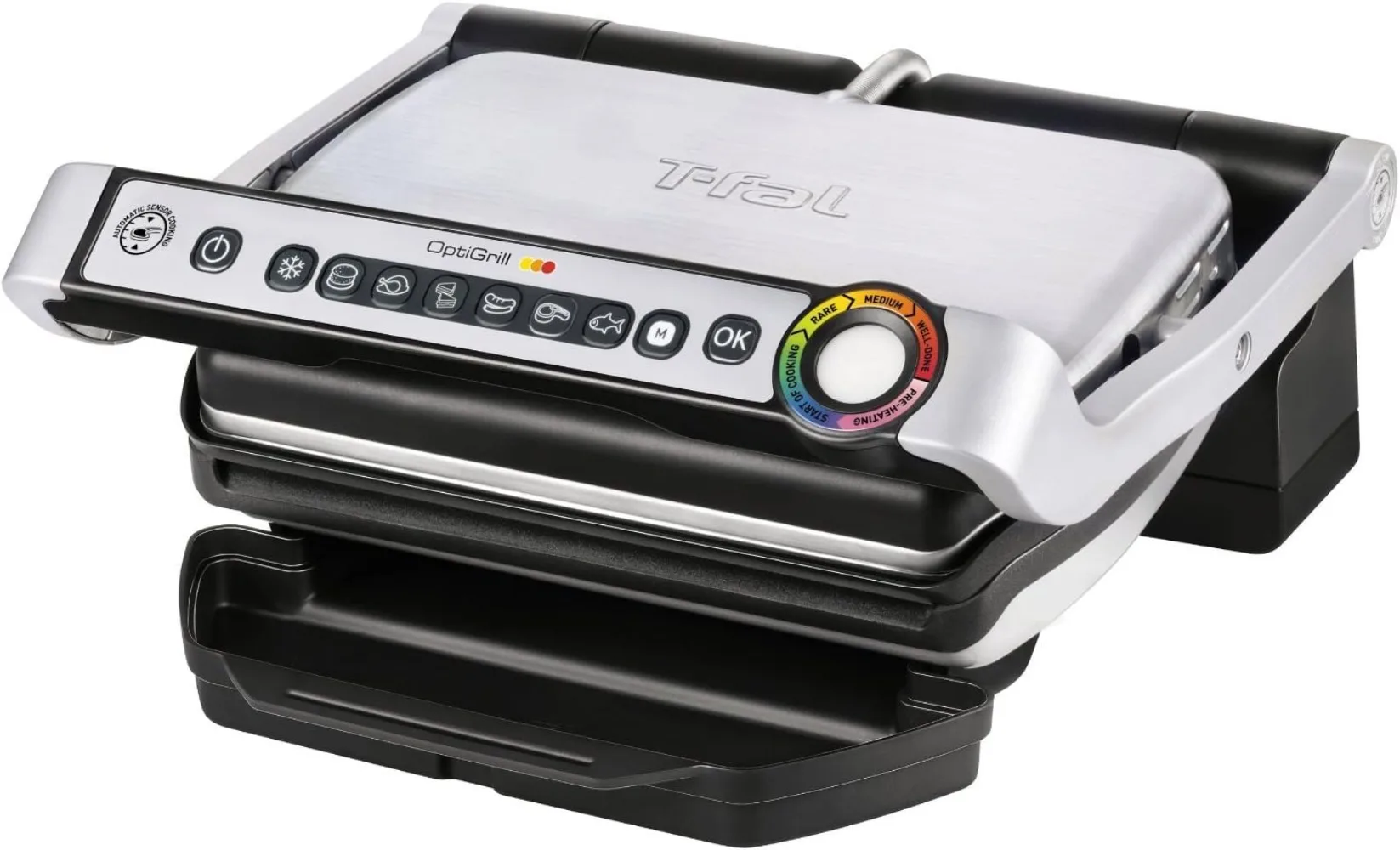 

T-fal OptiGrill Stainless Steel Electric Grill 4 Servings 6 Automatic Cooking Modes, Intelligent grilling rare to well-done 1800