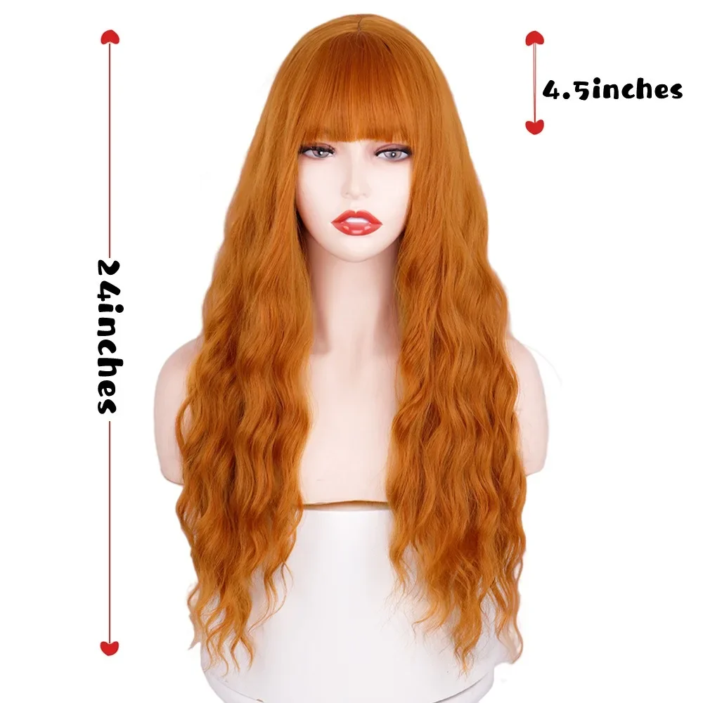 Long Synthetic Wig Bright Heat Resistant Body Wave Wig Curly Hair with Bangs Cosplay Costume Halloween Party Wig for Ladies