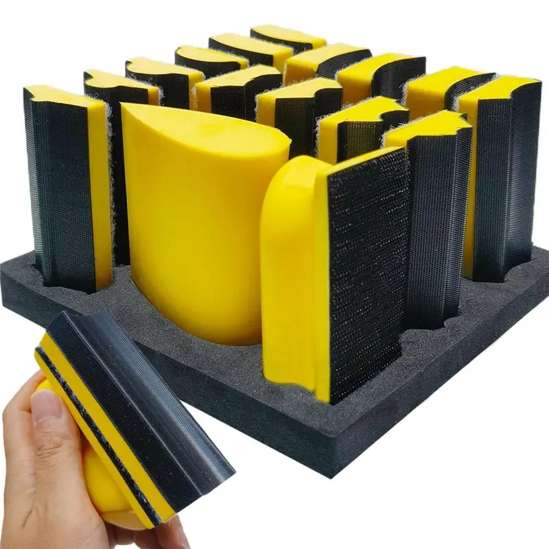 

M12K-16 PCS Hand Sanding Block Set - Hook And Loop Soft And Durable Foam Material Assorted Sanding Pad Hook Backing Plate Easy T