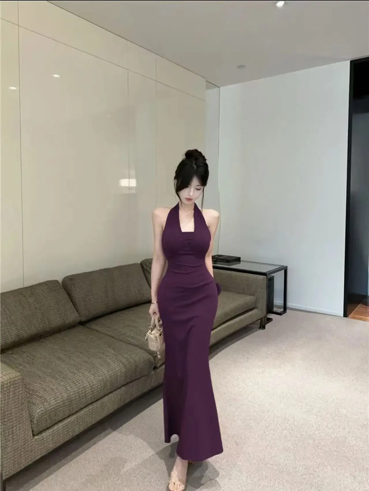 

Elegant Backless Hanging Neck Dress Women's Summer Sexy Bodycon Long Dress Fish Tail Wrap around Skirt Design Sensual Style
