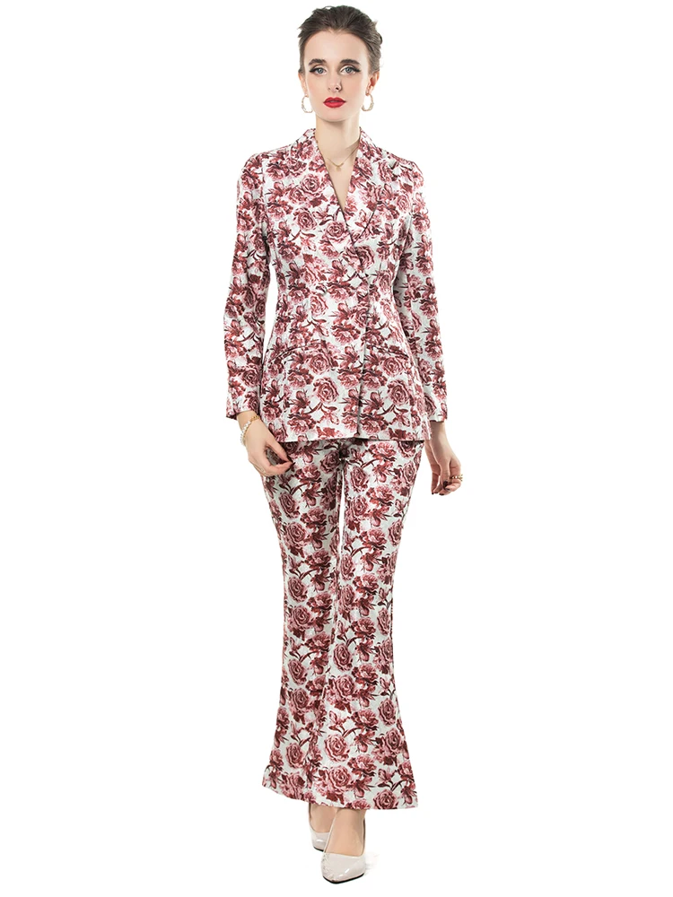 Seasixiang Damesjas met lange mouwen en ingekeepte broek Rozenprint Office Lady 2-delige set Mode Herfst Dames