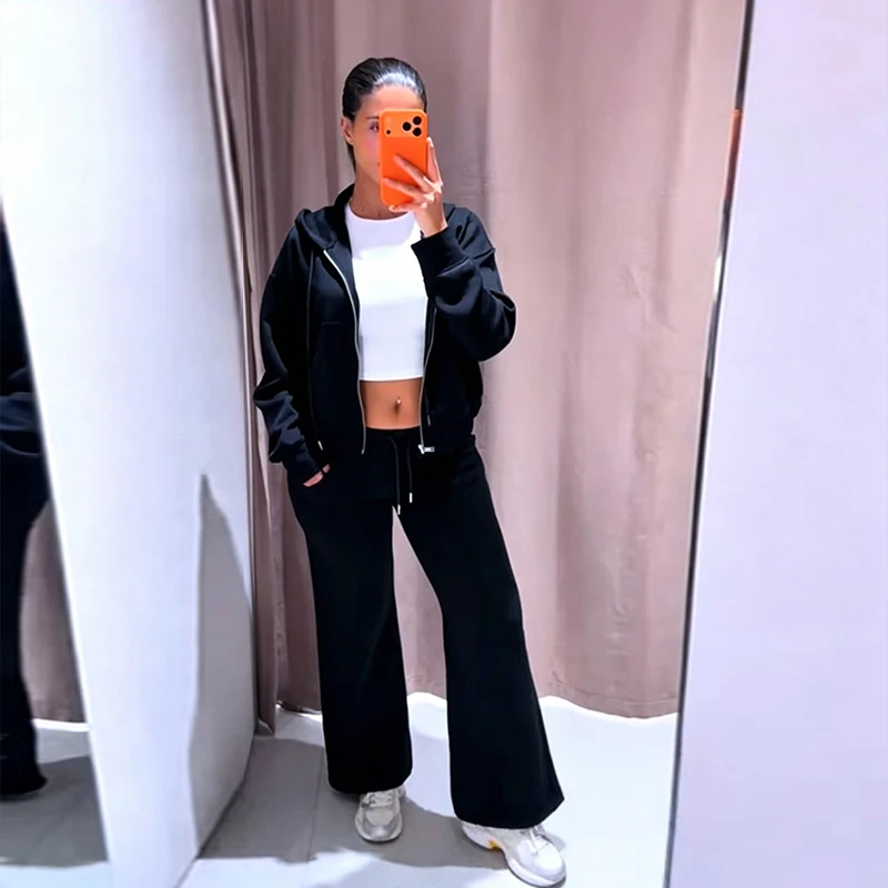 Damen-Hosen-Sets mit Kapuze, Langarm-Reißverschluss, Oversize-Mäntel, Kordelzug-Taille, Schlaghosen, Frühling-Herbst, schicke neue Outfits für Damen – Detail 26