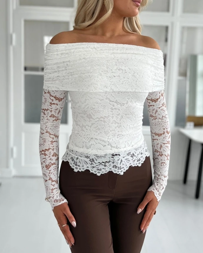 

Women's Top Fashion Autumn New Lace Off The Shoulder Slim Fit Sleeveless Casual Top Sexy Tight Retro Casual Elegant Top